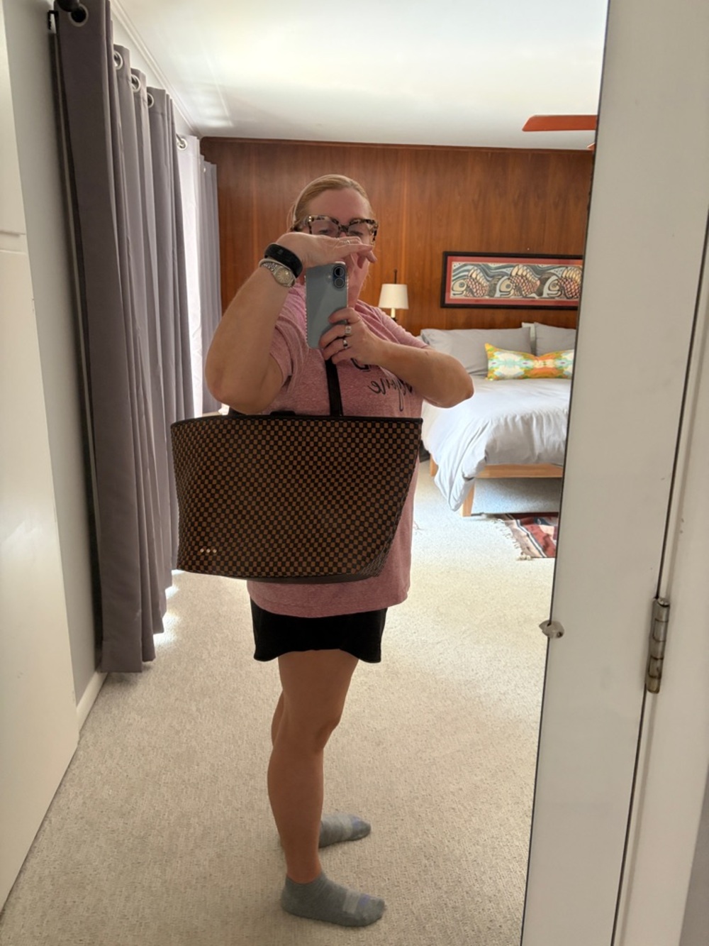 Pretty Simple Me Woven Tiffany Organizer Checkered Tote Bag in Black and Brown - Picture 2 of 7